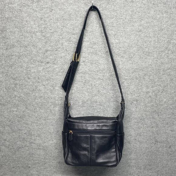 Vintage SAS Black Leather Crossbody Shoulder Bag Purse Made in USA Gold Hardware - Picture 3 of 11